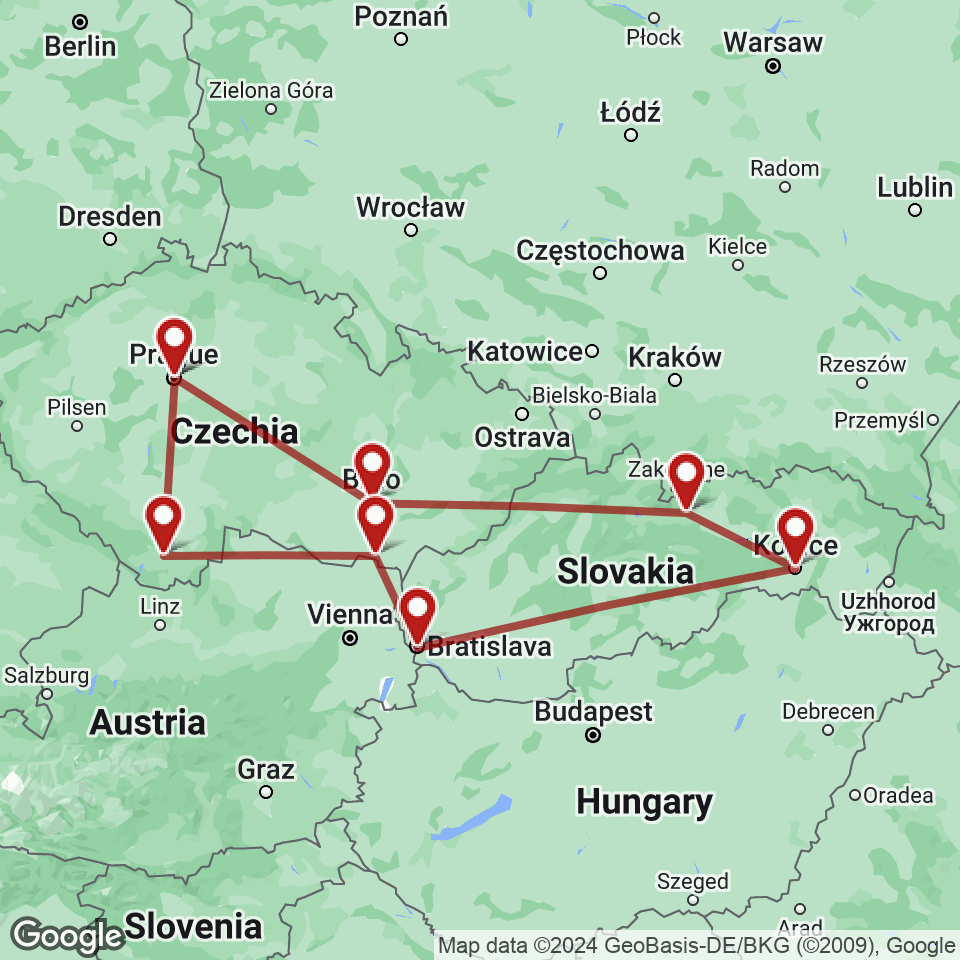 Route for Prague, Cesky Krumlov, Mikulov, Bratislava, Kosice, High Tatras, Brno, Prague tour